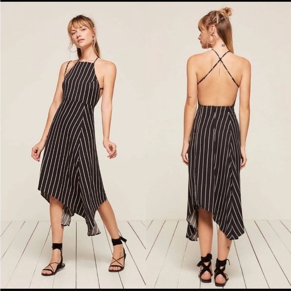 Reformation Waverly Hi-Low Handkerchief Dress Midi Asymmetrical Open Back Stripe